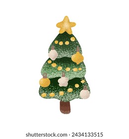 Christmas vector illustration with christmas tree decorated gold balls and stars