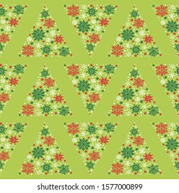 Christmas vector illustration with christmas tree and hand drawn snowflake, seamless pattern. Background for greeting card, invitation.