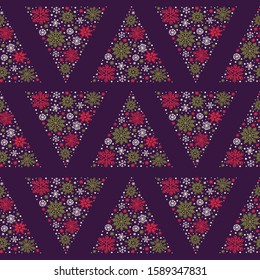 Christmas vector illustration with christmas tree and hand drawn snowflake, seamless pattern. Background for greeting card, invitation.