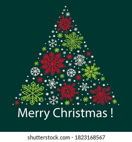 Christmas vector illustration with christmas tree and hand drawn snowflake. Background for greeting card, invitation.