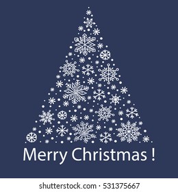 Christmas vector illustration with christmas tree and hand drawn snowflake. Background for greeting card, invitation.