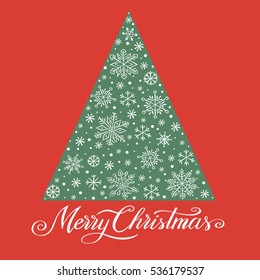 Christmas vector illustration with christmas tree and hand drawn snowflake. Background for greeting card, invitation.