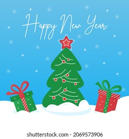 Christmas vector illustration. Christmas tree with New Year gifts or present on blue background with snow and snowflakes. Eps10