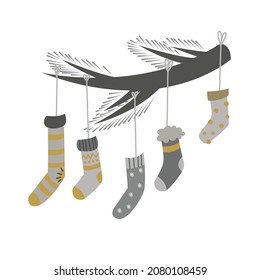 Weihnachtsvektorgrafik mit Weihnachtsbaum und Socken. Weihnachtshintergrund.  Ideal für Druck, Design, Postkarten, Plakate, Einladungen.

