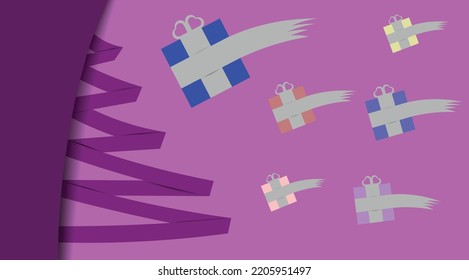 Christmas Vector Illustration. Trendy Purple Christmas Wallpaper. Christmas Tree. Gifts Flying To The Tree Like A Comet. The Comet's Tail Is Formed From An Untied Ribbon. Christmas, Gifts, Giving.