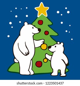 Christmas vector illustration two polar bears decorate cristmas tree polar bear son and dad snow night decorate christmas tree christmas winter illustration with polar bear family parent child