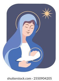 Christmas Vector illustration of Virgin Mary holding Baby Jesus. Star of Bethlehem in background. Vertical format.