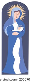 Christmas Vector illustration of Virgin Mary holding Baby Jesus. Star of Bethlehem in background. Vertical format.