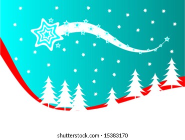 a christmas vector illustration with white christmas trees on a white hill with a cyan sky and a shooting star