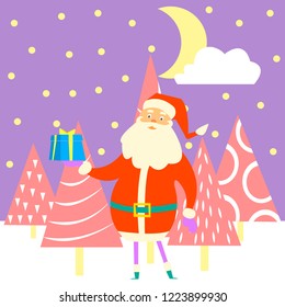 Christmas vector illustration. Winter, elegant forest at night with Santa Claus. Suitable for printing book covers, Christmas cards, banners, web sites. For your new year design. Eps 10.