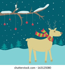 Christmas vector illustration.  Winter landscape with funny deer in scarf and snowy branch with hanged red balls. Can be used for celebration card, invitation, scrapbooking.