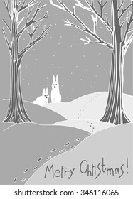 Christmas vector illustration of winter landscape with trees, snowflakes and two white rabbits. Monochrome graphic, shades of grey.