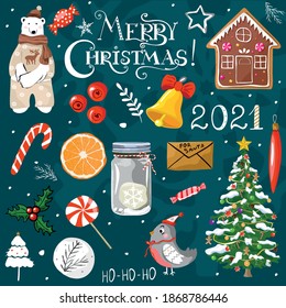 Christmas vector illustration. Winter set with bear, gingerbread, candy cane, christmas trees, bell, bird, post for santa, snowflakes, berries. For banners,  posters, cards, menu. New Year 2022.