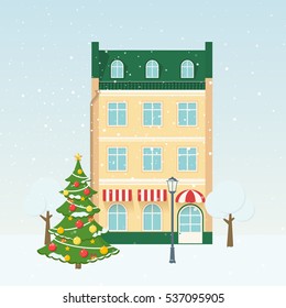 Christmas vector illustration with winter street, tree and snow. Background for greeting card.