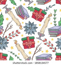 Ilustración vectorial navideña con, vela navideña, mistleto, ramas, poinsettia, varios regalos, holly, fondo claro, patrón sin fisuras