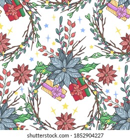 Christmas vector illustration with, mistletoe, branches, poinsettia, holly, various gifts, handmade, light background, seamless pattern