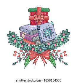 Christmas vector illustration with, mistletoe, books, gift, holly, handmade, card for you, prints on T-shirts