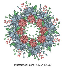 Ilustración vectorial de Navidad con, mistletoe, poinsettia, holly, hecha a mano, tarjeta para ti, impresiones en camisetas
