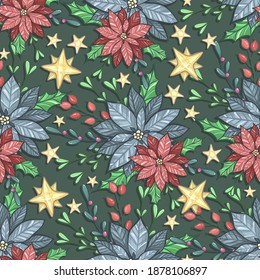 Ilustración vectorial de Navidad con, mistletoe, poinsettia, holly, hecho a mano, fondo oscuro, patrón sin costura