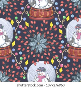 Ilustración vectorial navideña con, mistletoe, poinsettia, christmas de nieve, garland, artesanal, fondo oscuro, patrón sin costura