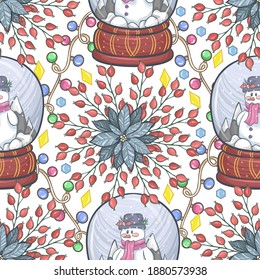 Christmas vector illustration with, mistletoe, poinsettia, christmas snow globes, garland, handmade, light background, seamless pattern