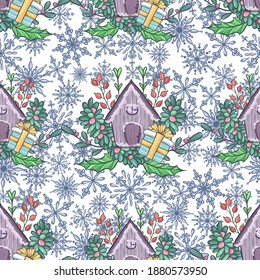Christmas vector illustration with, mistletoe, holly, snowflakes, gift, wooden house, handmade, light  background, seamless pattern
