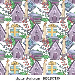 Christmas vector illustration with wooden house, candle, books, gift, mistletoe. Handmade, light  background, seamless pattern