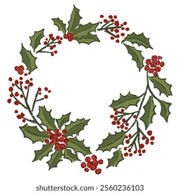 Christmas vector illustration of wreath with holly and red berries