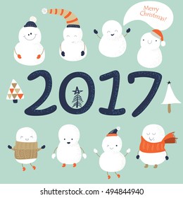 Christmas vector illustrations with cute snowmen in cartoon style