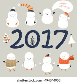 Christmas vector illustrations with cute snowmen in cartoon style