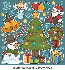 christmas vector and illustrations, merry christmas, christmas tree, snowman, santa, bell, angel, present, candy cane, wreath, pine tree, snowflake, holly, baubles, hat