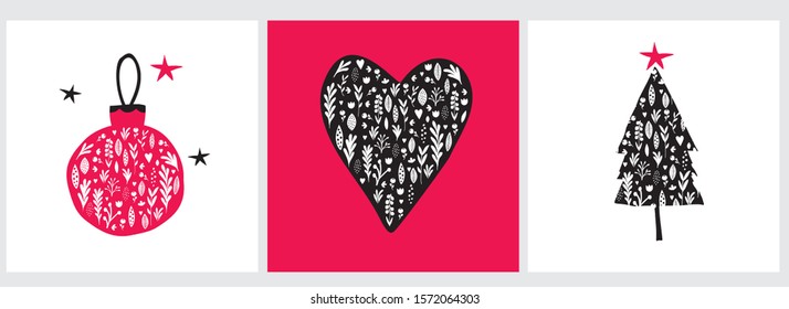 Christmas Vector Illustrations with Red and Black Floral Bauble, Heart and Christmas Tree Isolated on a White and Red Background. Simple Christmas Prints. Simple Winter Holidays Vector Illustrations.