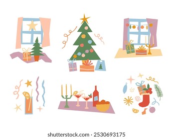 Christmas vector illustrations set. Cute cozy festive winter scenes with Christmas tree, stocking, gifts, party drinks in modern simple geometric style, retro pastel color palette. Happy New Year