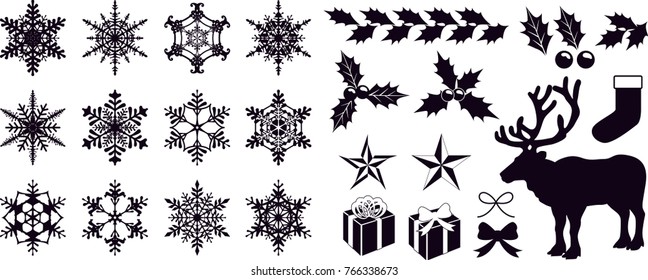 Christmas vector illustrations - snowflakes , reindeer , stars , gifts , holly