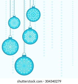 Christmas vector image. Hanging blue flat Christmas balls with snowflakes on white background.