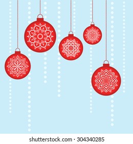 Christmas vector image. Hanging red Christmas balls with white snowflakes on blue background.