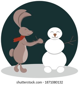Christmas vector isolated hare with snowman on a background