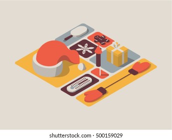 Christmas, vector isometric concept illustration, 3d icon set: hat of Santa Claus, ice cream, snow, cookie, firework, gift, thermometer, mittens