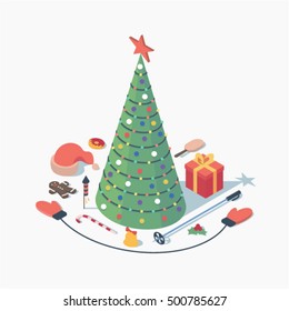 Christmas, vector isometric concept illustration, 3d icon set, white background: christmas tree with star, hat of Santa Claus, cookie, candy, fireworks, bell, skiing, mittens, gift, ice cream