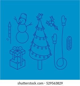 Christmas, vector isometric concept outline illustration, icon set, card, white background: thermometer, mittens, holly, christmas tree, snowman, fireworks, gift