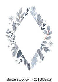 Christmas vector label. Winter postcard with white rhombus in flat style. Happy new year. Botanical border with blue fir branches, leaves, berries. Perfect for invitations, home decor, print, postcard