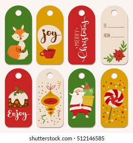 Christmas vector labels with funny Christmas characters. Vintage Christmas tags designs with funny animals and Christmas symbols. Merry Christmas lettering. Cheer. Season's greetings. 