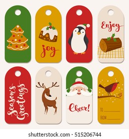 Christmas vector labels with funny Christmas characters. Vintage Christmas tags designs with funny animals and Christmas symbols. Merry Christmas lettering. Cheer. Season's greetings. 