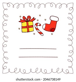carta vectorial de navidad, carta con regalo, calcetín y caramelo de caramelo con lugar para texto