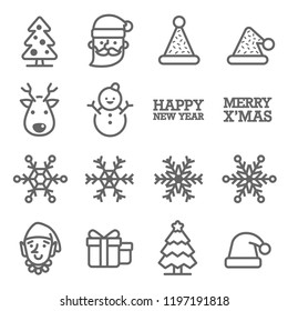 Juego de iconos de la línea del vector de Navidad. Contiene iconos como copos de nieve, elfo, muñeco de nieve, Santa Claus, sombrero de Navidad, regalo y más.