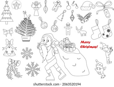 Conjunto de líneas vectoriales de Navidad. Santa Claus con una gran bolsa con regalos, elfos de Navidad, campanas de jingle, árbol de Navidad, copos de nieve, pan jengibre, decoraciones navideñas, ciervos, medias
