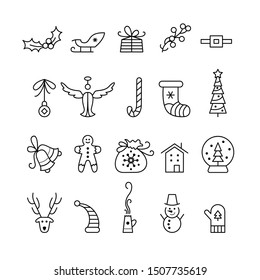 Christmas vector linear icons set. Santa hat and sack, gingerbread cookie, snowman isolated cliparts pack. Winter holiday symbols lineart collection. New Year festive decoration outline illustrations
