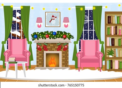 Christmas vector living room interior with fireplace . Cartoon. Cozy room in the winter evening.