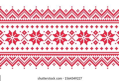 Christmas vector long seamless winter pattern, inspired by Sami people, Lapland folk art design, traditional knitting and embroidery. Nordic, Scandinavian retro Xmas patterns with snowflakes in red 