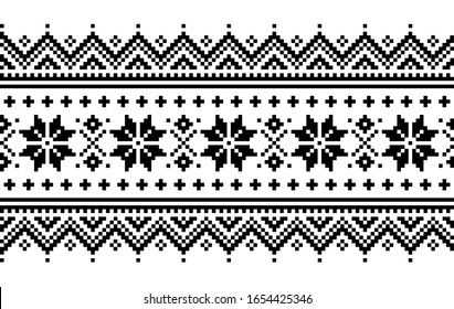 Christmas vector long seamless winter pattern, inspired by Sami people, Lapland folk art design, traditional knitting and embroidery. Nordic, Scandinavian retro Xmas patterns with snowflakes in black 